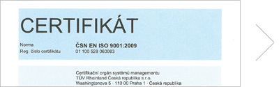 Certifikát ČSN EN ISO 9001:2009