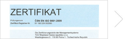 Zertifikat ČSN EN ISO 9001:2009